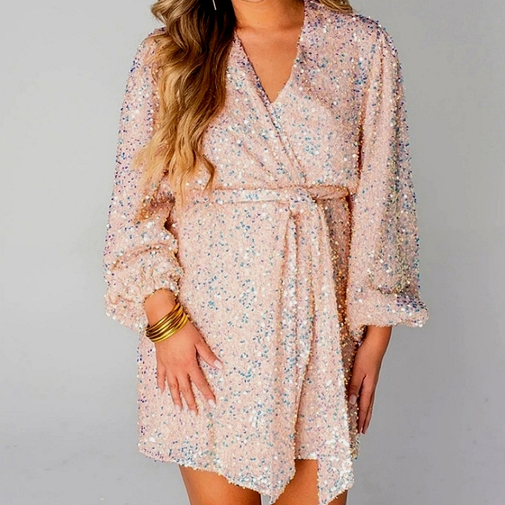 Buddy Love Adeline Baby Pink Sequin Wrap Mini Dress Party Homecoming Formal S
